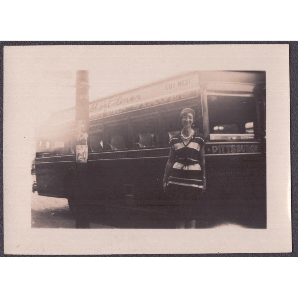 Vintage Snapshot Photo 1920s-30s Short Lines Bus Pittsburgh PA Woman Fashion